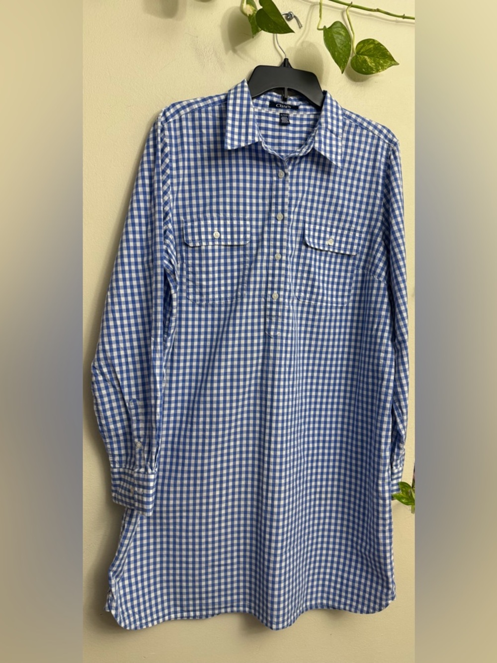 Blue Gingham Button-Placket women’s Chaps shirt dress size XL